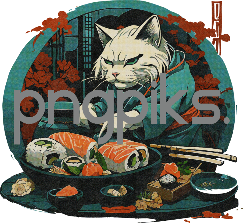 1224295 Emotional Sushi Sonata: Feline Artistry in Half-Tone Tee Story