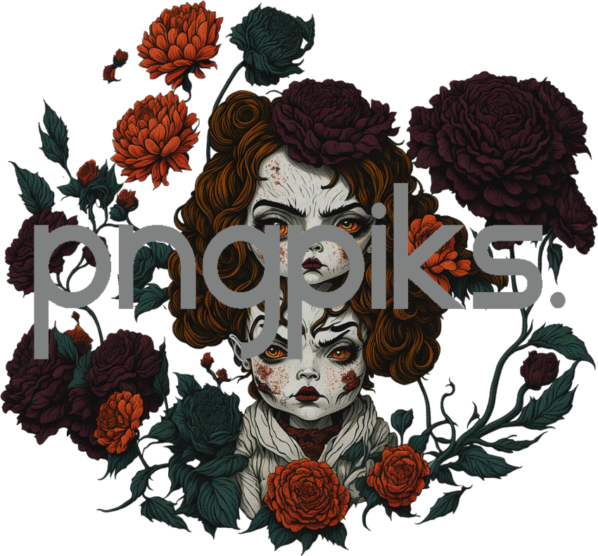 240723H32 Halloween Creepy Scary Doll and Flowers Illustration