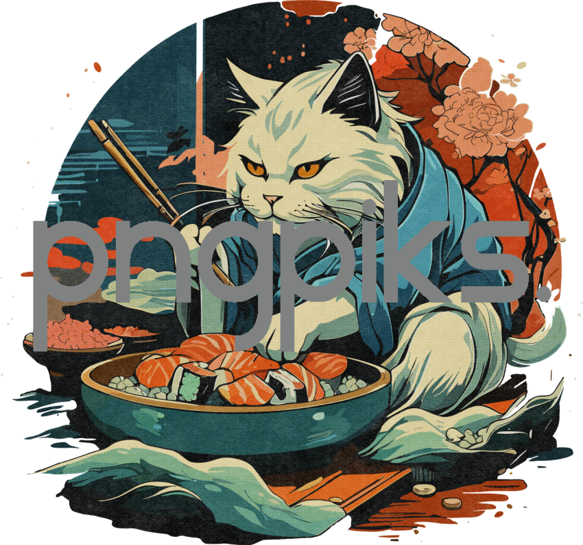 1309377 Artistic Rebellion: Cat Crafting Sushi in Half-Tone T-Shirt Design