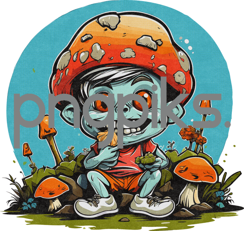 16787624 Whimsy Redefined: Anti-Design Awesomeness in a Cute Zombie Mushroom Tee with Half-Tone Flair