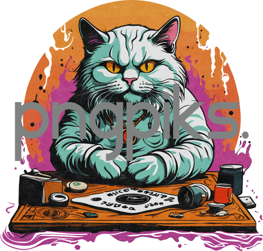 1014987 Whimsical Fusion: Anti-Design Cat's Ouija Play in Half-Tone Tee