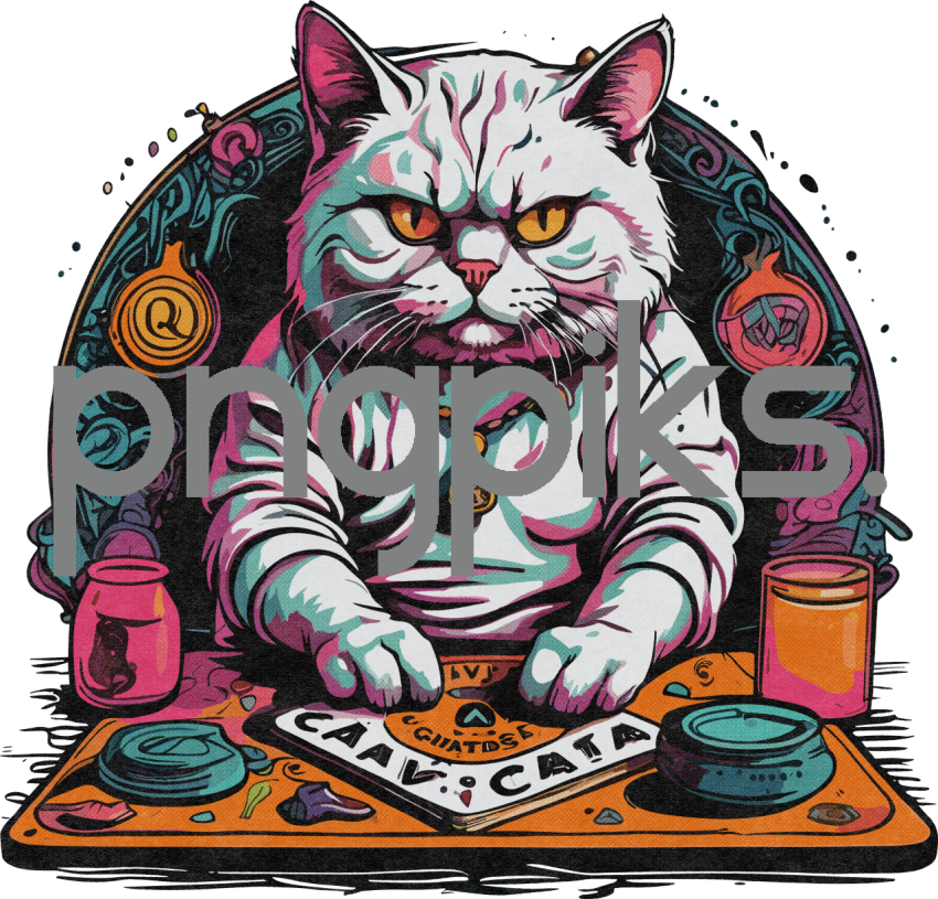 1093224 Playful Enigma: Anti-Design Cat Explores Ouija in Half-Tone T-Shirt Artistry