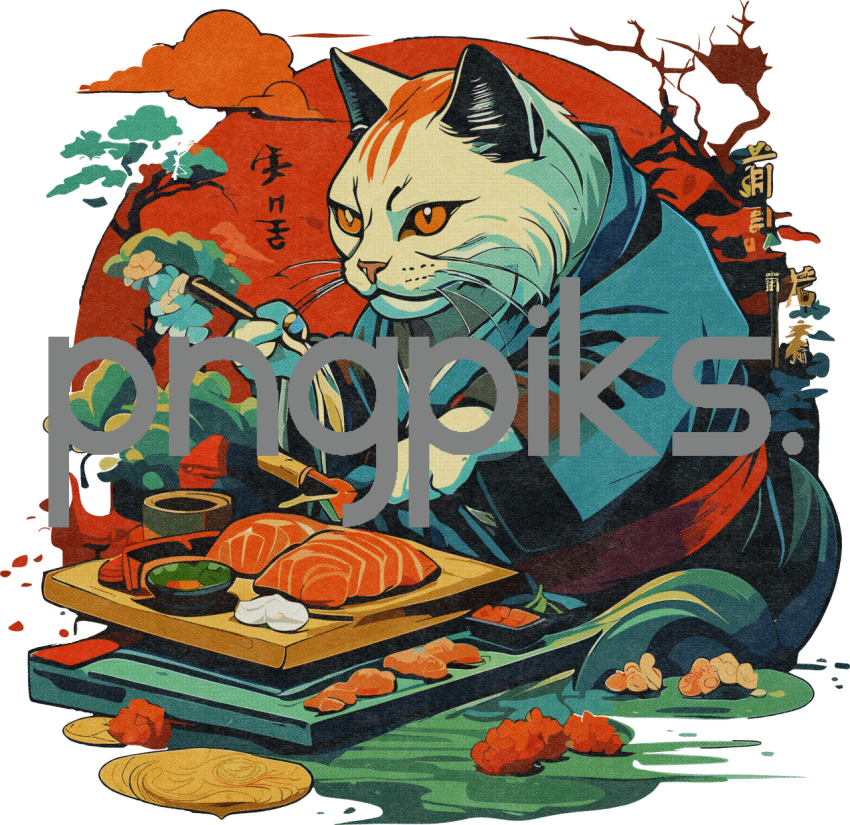 1153659 Feline Culinary Art: Anti-Design Sushi Cat Half-Tone Tee
