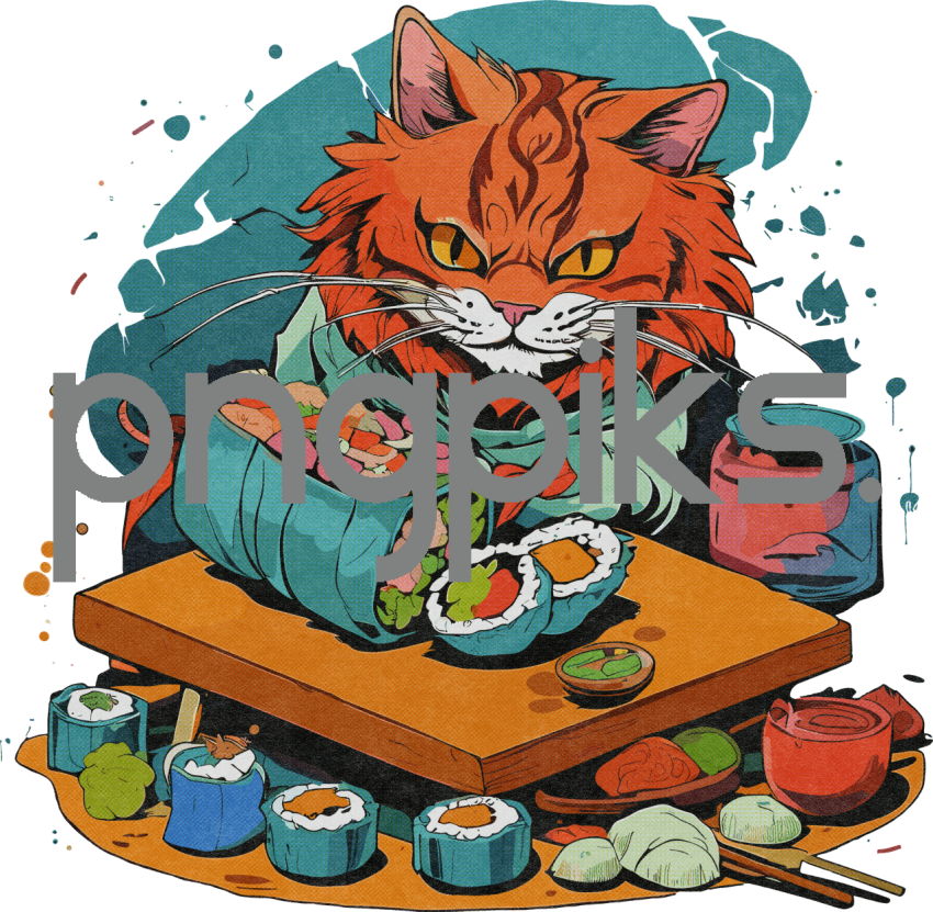 1276177 Avant-Garde: Cat Crafting Sushi in Half-Tone Effect T-Shirt Design