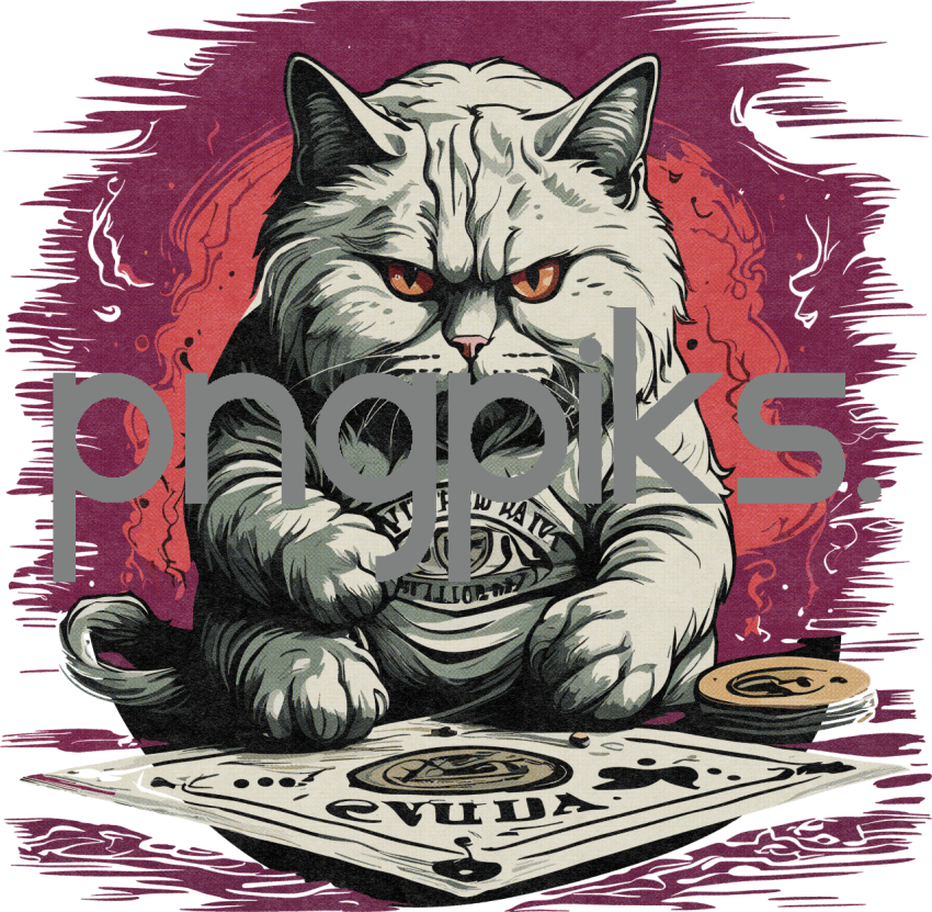 1094238 Enigmatic Fusion: Anti-Design Cat's Ouija Play in Half-Tone T-Shirt