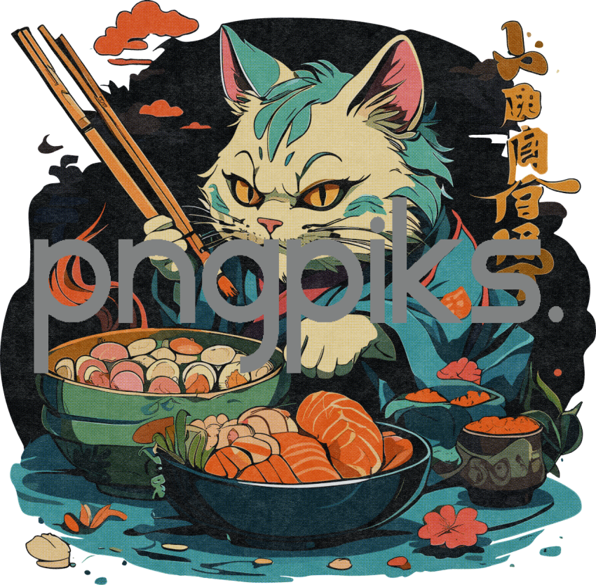 1170208 Whiskerful Delight: Cat Crafting Sushi Symphony in Mesmerizing Half-Tone Tee