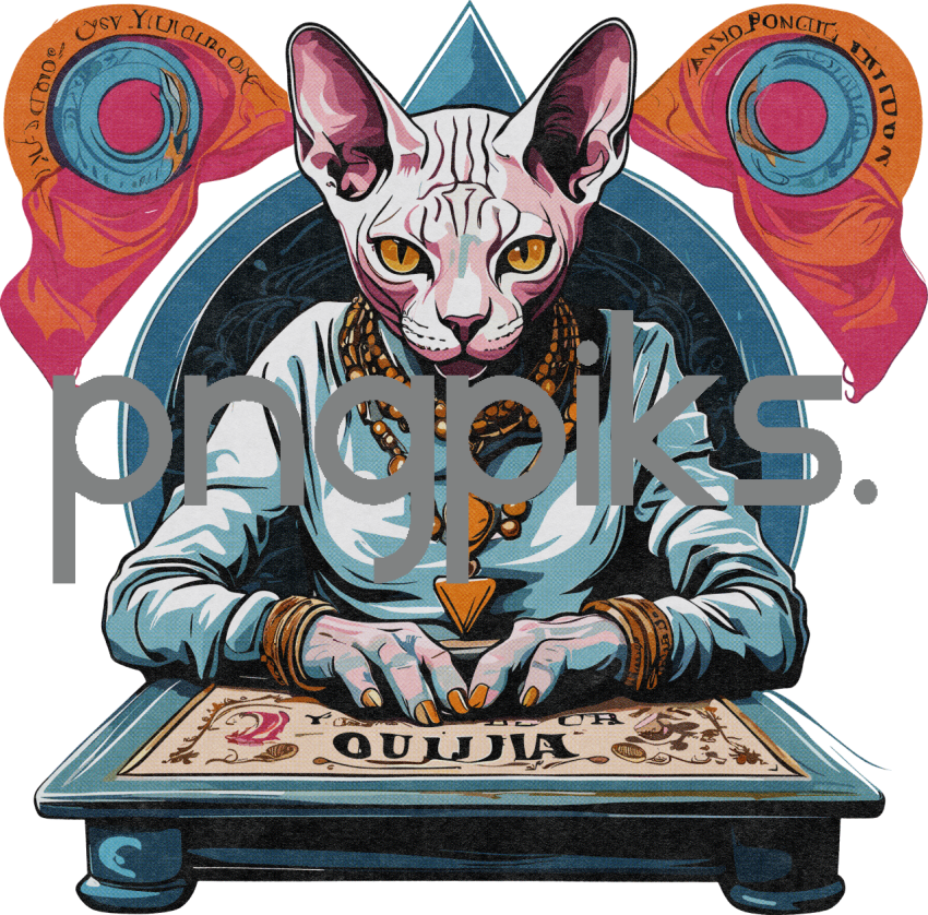 1031276 Enigmatic Fusion: Anti-Design Cat Playing Ouija in Captivating Half-Tone T-Shirt Design