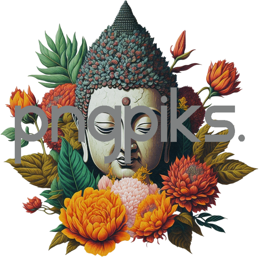220723H26 Buddha Head with Leaf and Colorful Flowers: Illustration