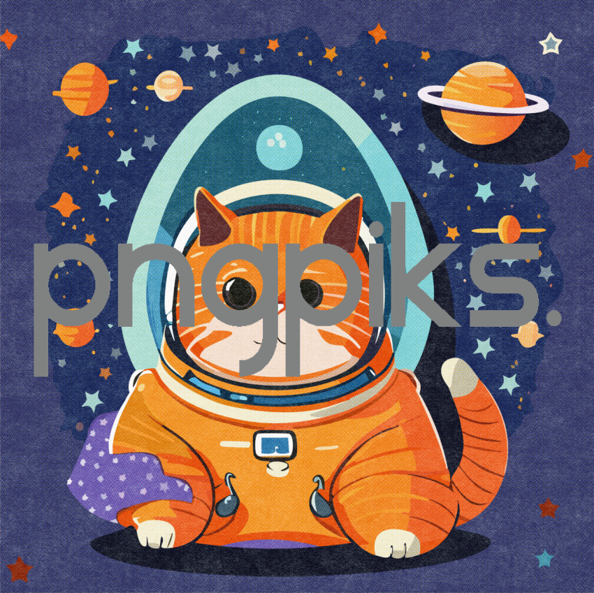24690571 Whiskers in Space: Orange Cat Astronaut Explores a Colorful Galaxy in Stylish T-Shirt Design
