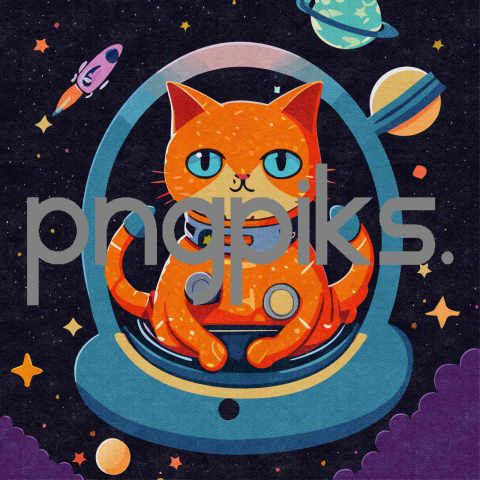 34205564 Cosmic Catwalk: Orange Cat Astronaut's Odyssey in a Colorful Galaxy - Half-Tone T-Shirt Chic