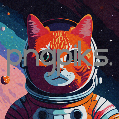 39375315 Stellar Whisker Odyssey: Orange Cat Astronaut Explores a Colorful Galaxy in Half-Tone T-Shirt Splendor