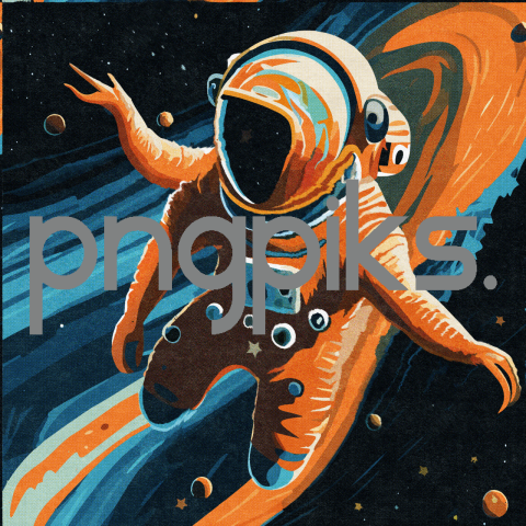24833682 Galactic Harmony: Orange Alien Astronaut Dances in Anti Design's Colorful Galaxy Tee