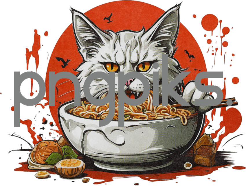 1221956 Anti design Scary Creepy Angry Cat Eat Ramen with Realistic Print Effect Design for T-Shirt