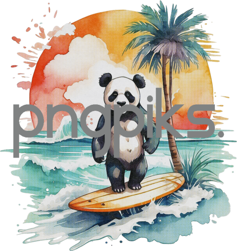 1487677 Anti design Panda bear surfing sunset watercolor design for tshirt