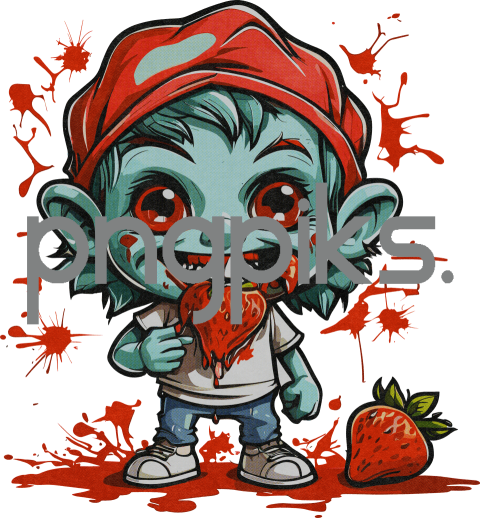 16830108 Forget Brains, Feast on Berries! Adorable Undead Munches Sunshine in Halftone