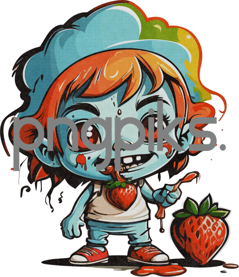 15322556 Strawberry Sundae of the Undead: Adorable Zombie Slurps Fruit in Groovy Halftone Tee