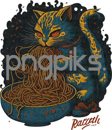 770161 Cat Eating Spaghetti Artwork Design for T-Shirt