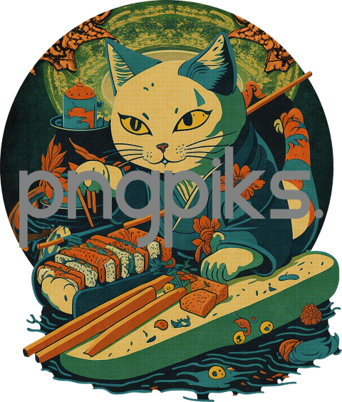 1097482 Cat Wearing Kimono Making Sushi Funny Design for T-Shirt - A Whimsical and Delightful Graphic Print