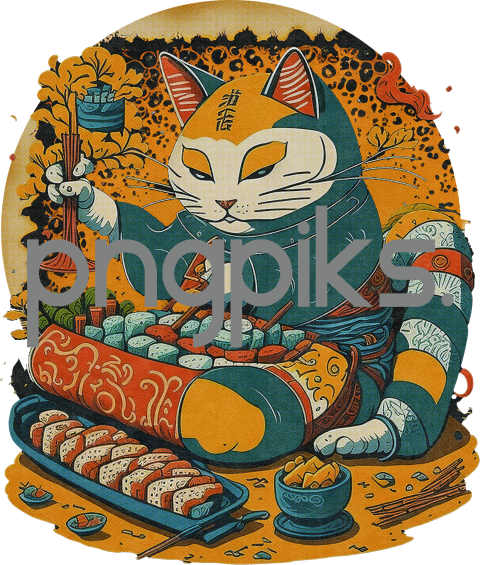 1178536 Cartoon Funny Cat Making Sushi Funny Design for T-Shirt - A Playful and Hilarious Graphic Print