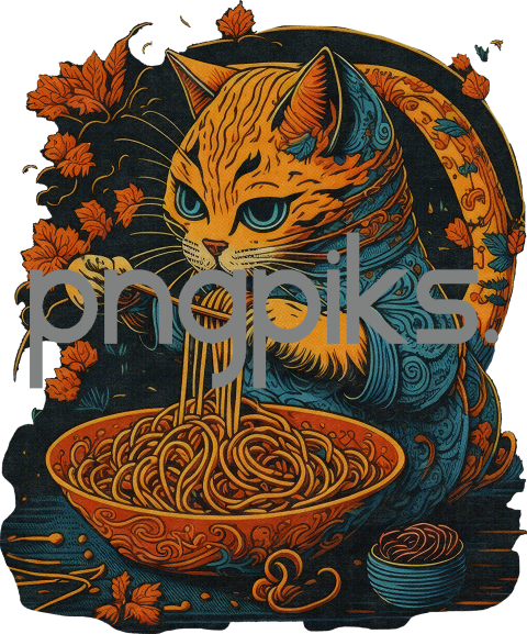 1142923 Cat eating noodles with chopsticks