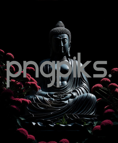 310723C01 Statue of Buddha Sitting in Lotus Position Surrounded by Flowers