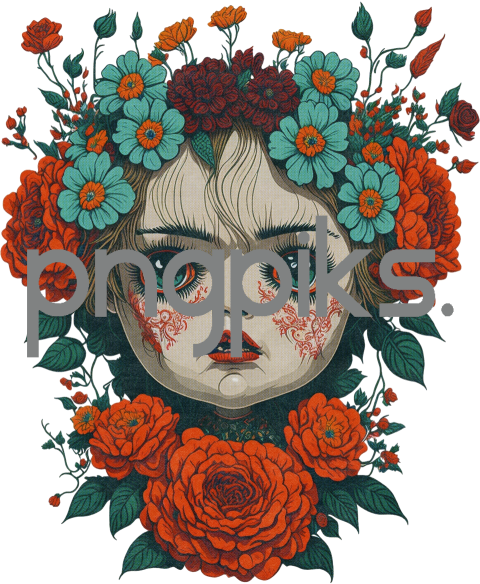 240723H18 Illustration of Halloween Doll and Flowers: Creepy Scary Artwork