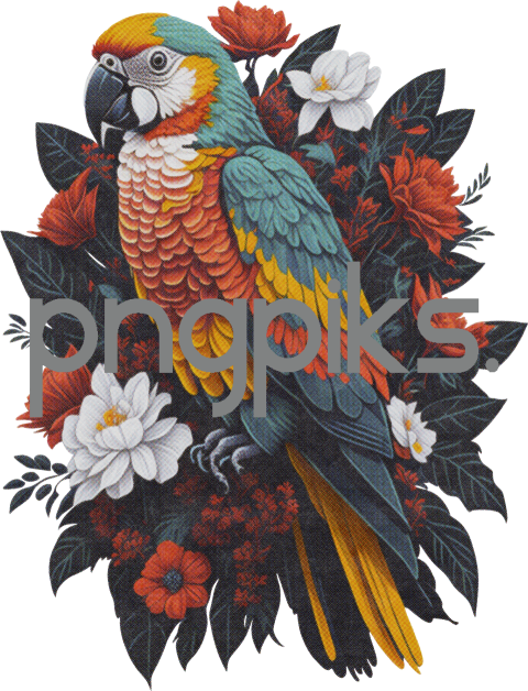 200723032 Captivating Illustration of Parrots with Colorful Flowers - A Visual Delight