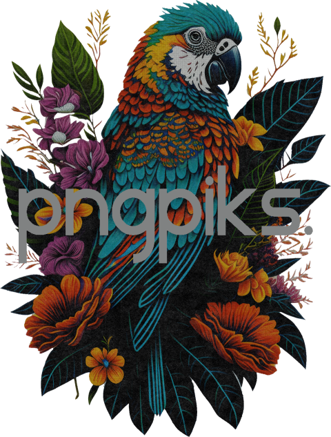 20072304 Colorful Parrots and Flowers Design: Vibrant Tones for T-shirt Illustration