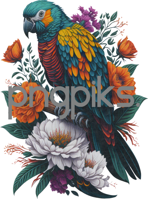 20072311 Vibrant Parrots and Flowers Illustration: A Colorful Design for T-shirt Enthusiasts