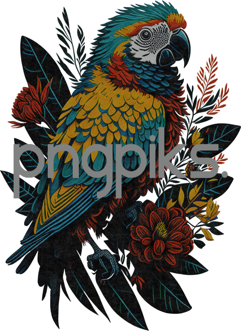 20072319 Colorful Parrots and Flowers Design: Vibrant Tones for T-shirt Illustration