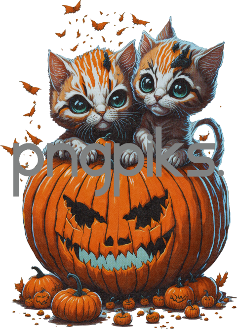 592457 Illustration of a Cat Kitten with a Pumpkin - Halloween Design for T-Shirt