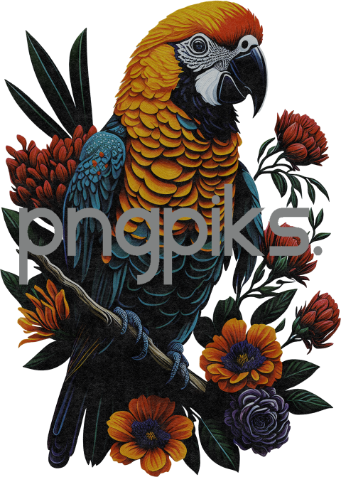 20072321 Colorful Parrots and Flowers Illustration: A Vibrant Design for T-shirts