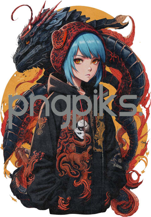 R 330428 Transform into an Anime Enthusiast: Blue-haired Girl in Dragon Hoodie T-Shirt Design