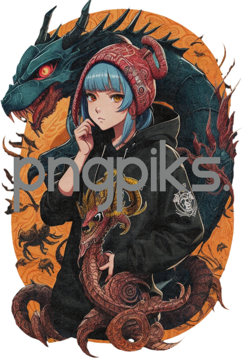360950 Anime Girl in Dragon Hoodie: Blue-haired Design for Stylish T-Shirts