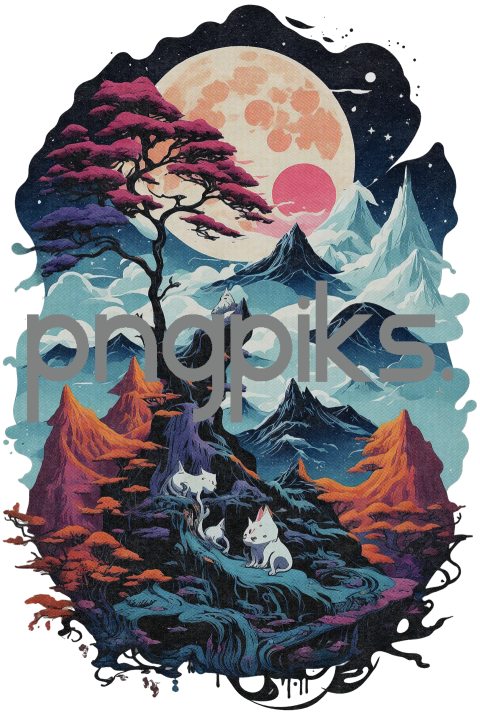 797152 Colorful Vibrant Design for T-Shirt: Cats in the Mountain with Tree, Clouds, and Moon Illustration