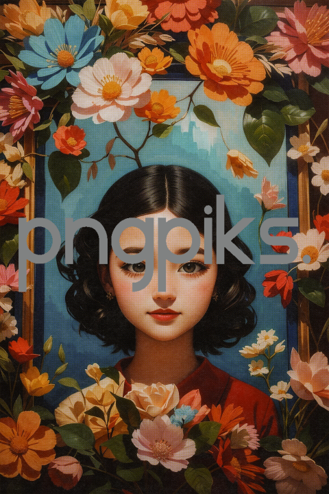 374927 Colorful and Vibrant Cartoon Illustration of a Girl Portrait Surrounded by Flowers