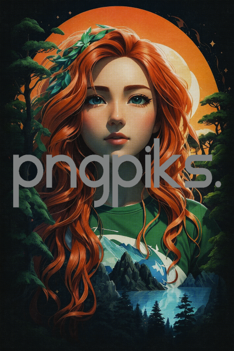 953926 Enchanting Forest Adventure: Colorful Cartoon Illustration of a Girl Portrait in the Mountain