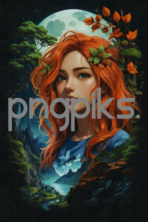 272910 A Captivating Painting: Red-Haired Girl Portrait with a Flower Crown in a Mountain Setting