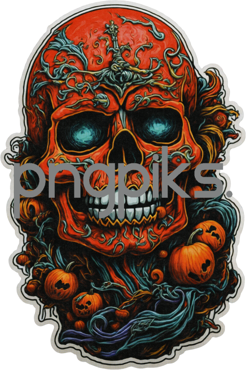 010823H55 Halloween Psychedelic Skull Pumpkin: Scary Creepy T-Shirt Illustration