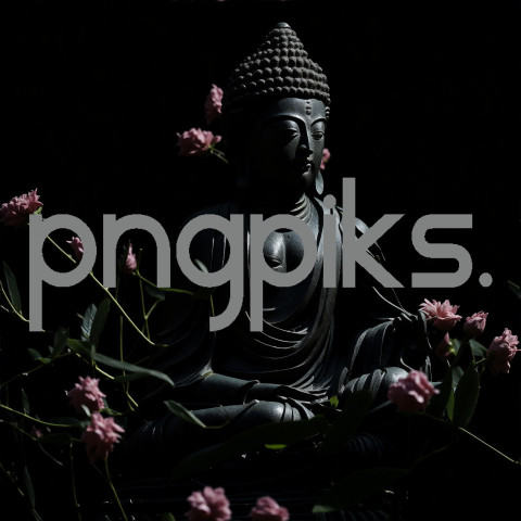 310723C04 Statue of Buddha in Lotus Position Surrounded by Flowers A Symbol of Serenity