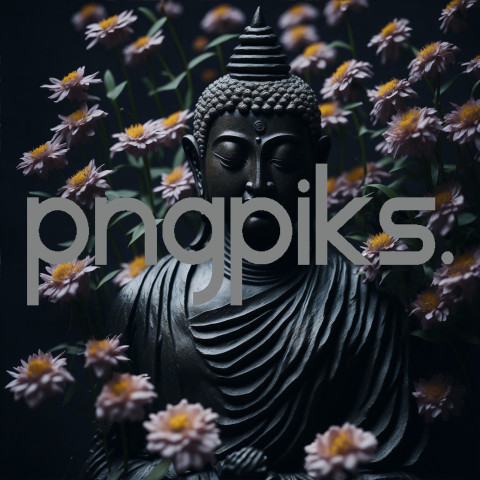 310723C03 Buddha Statue Surrounded by Flowers A Serene Display of Beauty and Inner Peace