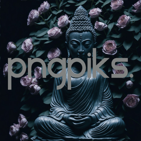 310723C05 Buddha Statue Surrounded by Flowers Embracing Serenity and Natural Beauty