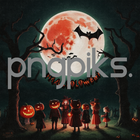 030823C13 Spooky Halloween Kids Illustration: Kids Wearing Costumes in Dark Forest at Night