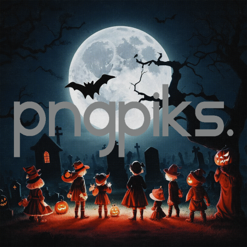 030823C09 Spooky Halloween Kids Illustration: Kids Wearing Costumes Walking Amongst Graves at Night