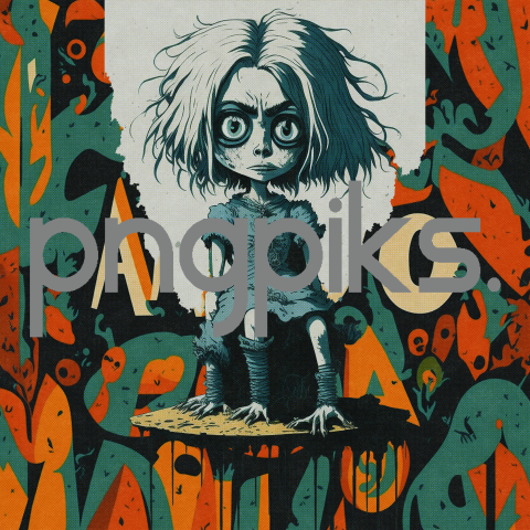 418473 Eerie Disheveled Doll Halloween Illustration for T-Shirt with Colorful Background