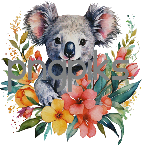 1042037 Watercolor Koala Flowers T-Shirt Design: Artistic Elegance