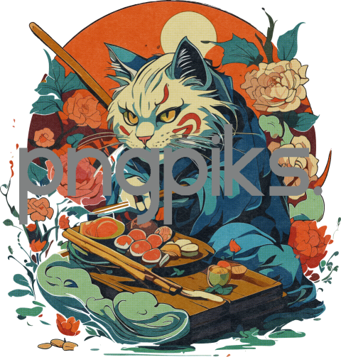 1111281 Culinary Cat Sushi Art: Anti-Design Half-Tone T-Shirt Expression