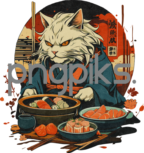 1212471 Tender Sushi Artistry: Emotional Feline Tale in Half-Tone Tee