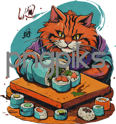1310636 Whimsical Revolution: Cat Crafting Sushi in Half-Tone T-Shirt Design