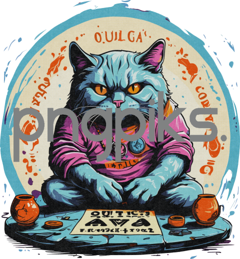 1115589 Enigmatic Fusion: Anti-Design Cat's Ouija Adventure in Half-Tone Tee